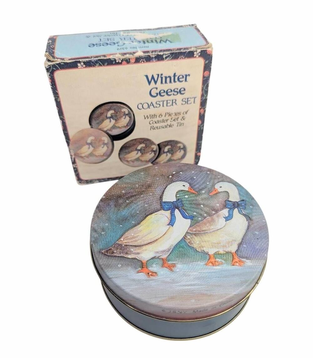 Vintage 90s Winter Goose Blue Ribbon coaster set of 6 w/ tin cork -Excellent